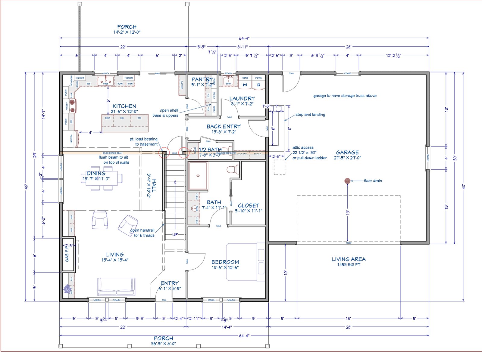 Sample main-floor plan drawn by J&J, showing kitchen, living room, bedroom and garage with dimensions