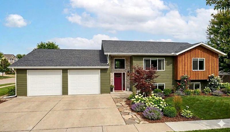 The split-level home for sale at 2007 Elm Street, with a two-car garage and landscaped front yard